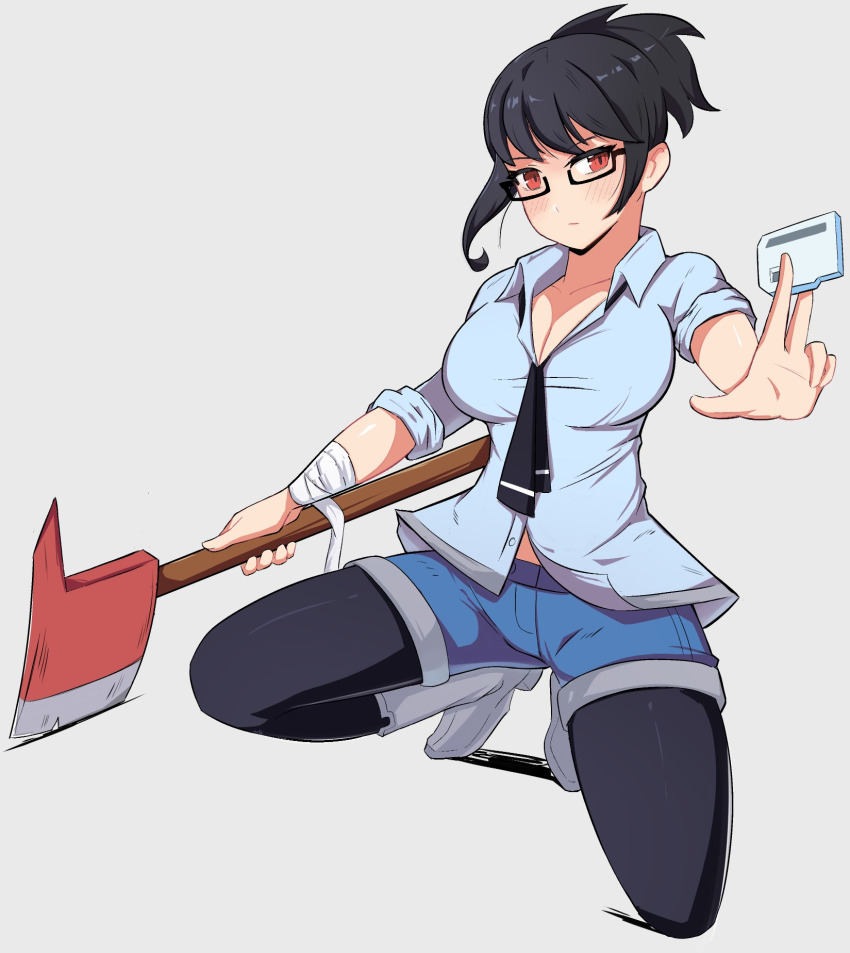 axe, bandaged_arm, bandages, black_hair, boots, button_shirt, fire_axe, glasses