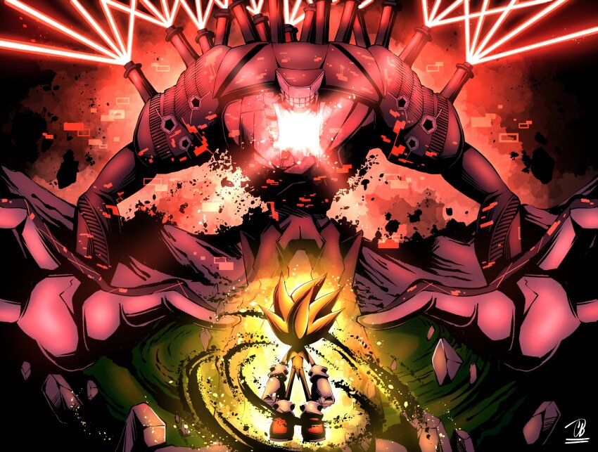 1boy, 1other, absurdres, arms_at_sides, attack, aura, cbotakuarts, commentary, debris, energy_beam, epic, faceoff, facing_away, fighting, floating, furry, furry_male, giganto_(sonic_frontiers), glitch, gloves, hedgehog, highres, looking_at_another, reaching, reaching_towards_viewer, red_footwear, robot, shoes, short_tail, signature, sneakers, socks, sonic_(series), sonic_frontiers, sonic_the_hedgehog, super_sonic, tail, teeth, white_gloves, white_socks, yellow_fur