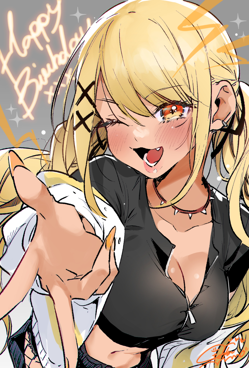 1girl, ;3, ;d, black_pants, black_shirt, blonde_hair, breasts, brown_collar