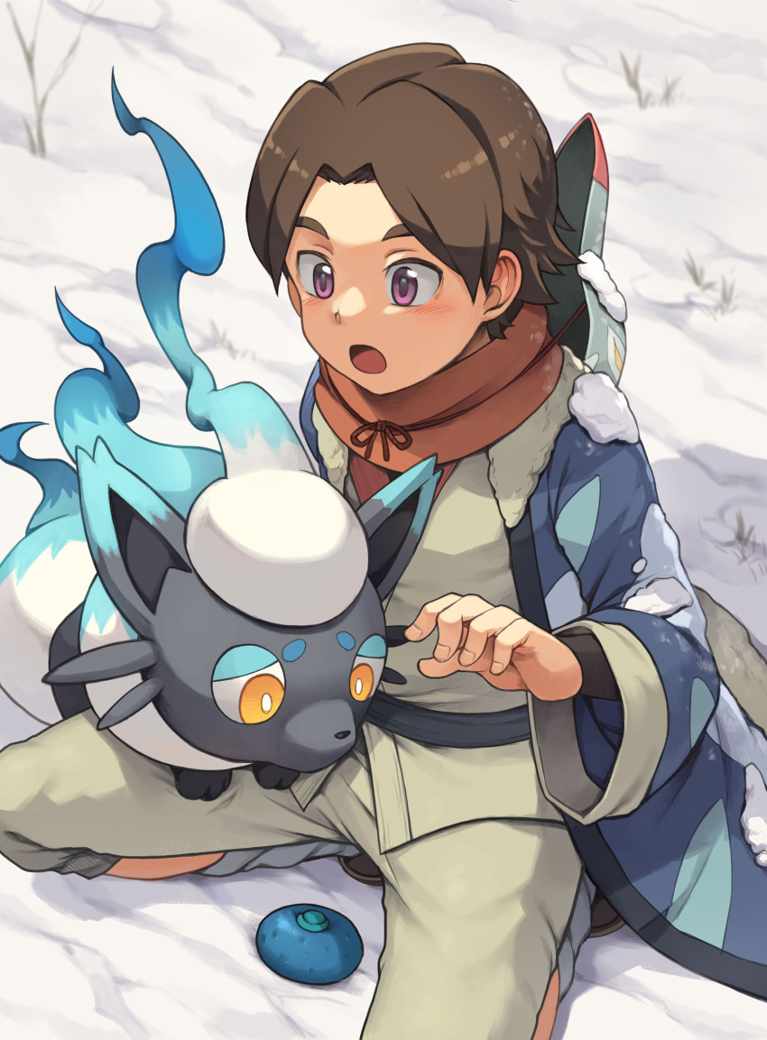 1boy, :o, absurdres, alec_(pokemon), alternate_color, berry_(pokemon), black_shirt, blush, brown_hair, capri_pants, coat, commentary_request, daikung, day, highres, hisuian_zorua, looking_down, male_focus, nintendo, open_clothes, open_coat, open_mouth, oran_berry, outdoors, pants, pokemon, pokemon:_hisuian_snow, pokemon_(creature), purple_eyes, shiny_pokemon, shirt, short_hair, snow, tongue, vest