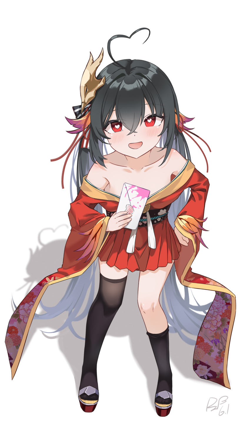 1girl, absurdres, ahoge, asymmetrical_legwear, azur_lane, bare_shoulders, black_hair, black_thighhighs, blush, collarbone, crossed_bangs, envelope, full_body, hair_between_eyes, heart, heart-shaped_pupils, heart_ahoge, highres, holding, holding_envelope, japanese_clothes, kimono, kimono_skirt, mask, mask_on_head, miniskirt, off_shoulder, okobo, open_mouth, ping_zhong_yu, platform_sandals, red_eyes, sandals, shadow, signature, simple_background, single_thighhigh, skirt, smile, solo, symbol-shaped_pupils, taihou-chan_(azur_lane), tengu_mask, thighhighs, twintails, white_background