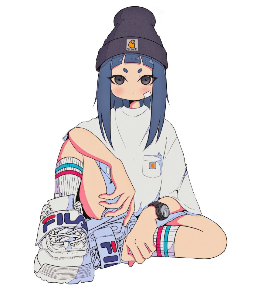 1girl, bandaid, bandaid_on_cheek, bandaid_on_face, beanie, blue_hair, breast_pocket, carhartt