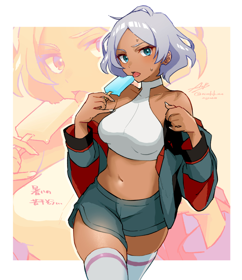 1girl, ahoge, aizaki_b, asticassia_school_uniform, blush, breasts, collarbone, cropped_shirt, dark-skinned_female, dark_skin, food, green_eyes, green_jacket, grey_hair, gundam, gundam_suisei_no_majo, halter_shirt, halterneck, highres, holding, holding_food, ice_cream, jacket, large_breasts, looking_at_viewer, midriff, navel, off_shoulder, open_mouth, popsicle, school_uniform, secelia_dote, short_hair, short_shorts, shorts, skindentation, solo, thighhighs, thighs, white_thighhighs, zoom_layer