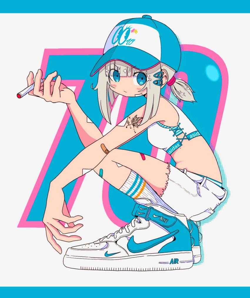 1girl, adidas, arm_tattoo, bandaid, bandaid_on_arm, bandaid_on_cheek, bandaid_on_face, bandaid_on_leg, baseball_cap, blonde_hair, blue_eyes, blue_hat, blunt_bangs, bra, bra_peek, brand_name_imitation, breasts, butterfly_tattoo, cigarette, closed_mouth, crop_top, cropped_shirt, eyes_visible_through_hair, from_side, full_body, grey_hair, hand_up, hat, highres, holding, holding_cigarette, letterboxed, long_bangs, looking_at_viewer, looking_to_the_side, nao97122, nike_(company), nike_air_force_1, original, panties, panty_peek, ribbed_socks, shirt, shoes, shorts, side-tie_shirt, sleeveless, sleeveless_shirt, small_breasts, smoking, sneakers, socks, solo, squatting, streetwear, striped_bra, striped_clothes, striped_panties, tattoo, underwear, white_background, white_shirt, white_shoes, white_shorts, white_socks