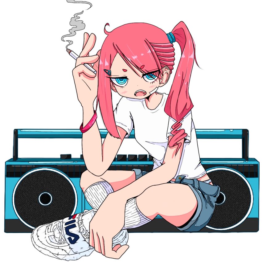 1girl, ahoge, asymmetrical_bangs, bandaid, bandaid_on_cheek, bandaid_on_face, blue_eyes, boombox
