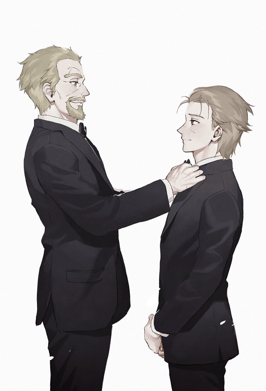 2boys, adjusting_clothes, adjusting_necktie, askeladd, beard, black_suit, blonde_hair, blue_eyes