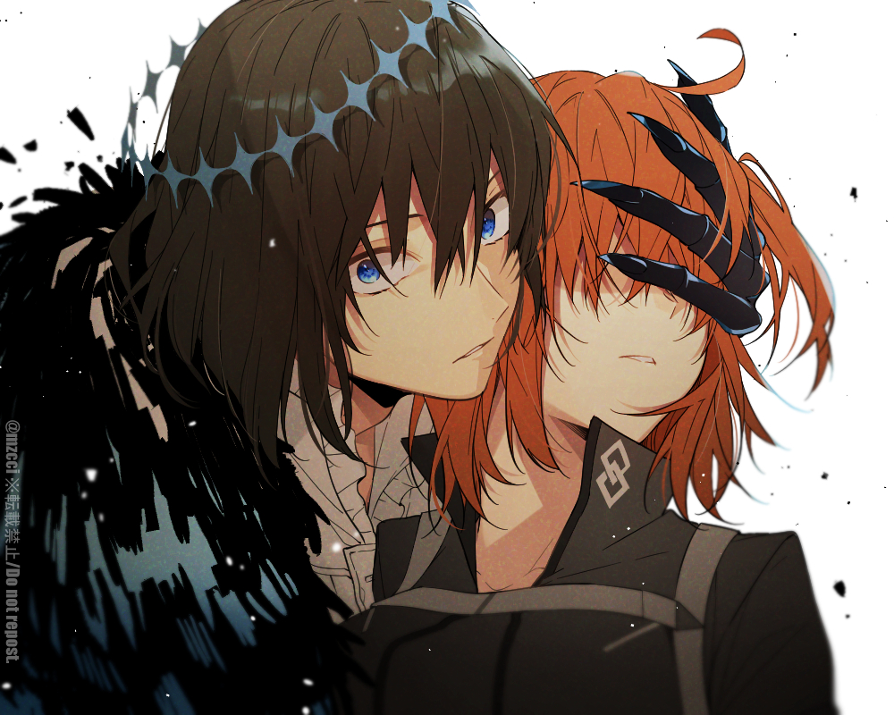 1boy, 1girl, ahoge, artist_name, azs_kn, black_hair, blue_eyes, chaldea_logo