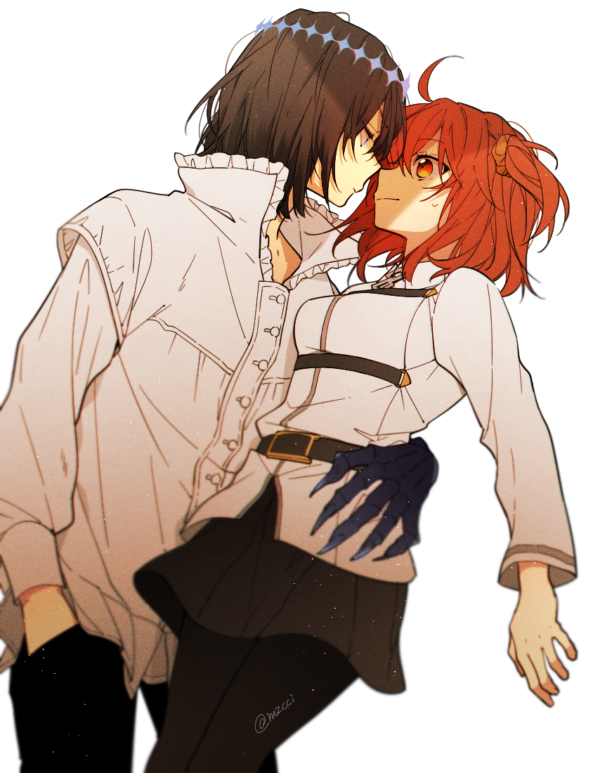 1boy, 1girl, ahoge, arm_around_another's_waist, artist_name, azs_kn, belt, belt_buckle