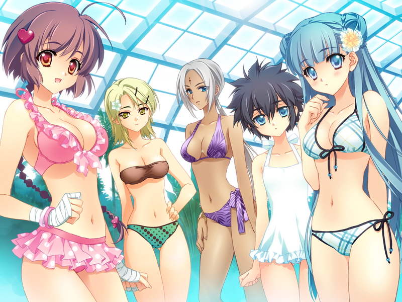 5girls, bangle, bikini, blonde_hair, blue_bikini, blue_eyes, blue_hair, bow, bracelet, braid, breasts, carnelian, casual_one-piece_swimsuit, cleavage, dark-skinned_female, dark_skin, double_bun, facial_mark, flat_chest, flower, forehead_mark, frilled_bikini, frills, front-tie_top, fujita_nodoka, game_cg, hair_bun, hair_flower, hair_ornament, hairclip, hand_on_own_hip, heart, heart_hair_ornament, hip_focus, indoors, jewelry, long_hair, messy_hair, multiple_girls, one-piece_swimsuit, orange_eyes, para-sol, pink_one-piece_swimsuit, plaid_bikini, plaid_clothes, ponytail, purple_bikini, red_hair, ryooda, short_hair, side-tie_bikini_bottom, skinny, swimsuit, takeda_rachel, thigh_gap, thighs, waterpark, white_hair, white_one-piece_swimsuit, yatabe_miu, yatabe_noa