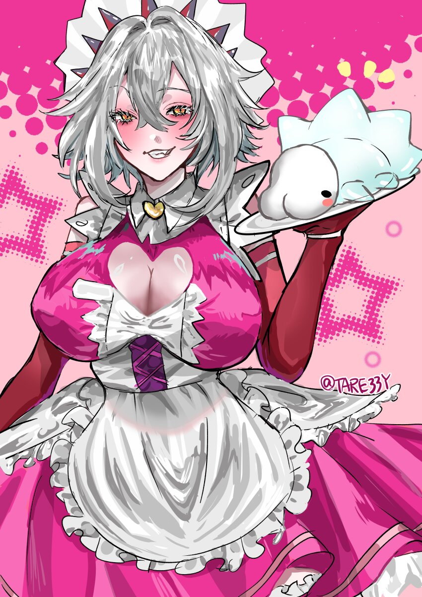 1girl, absurdres, apron, blush, breasts, cleavage, cleavage_cutout, clothing_cutout, crossed_bangs, elbow_gloves, fang, gen_8_pokemon, gloves, grey_hair, highres, holding, holding_plate, large_breasts, long_hair, looking_at_viewer, maid, maid_apron, maid_headdress, nintendo, plate, pokemon, pokemon_(creature), red_gloves, short_hair, sidelocks, smile, snom, solo, star_(symbol), tare33y, virtual_youtuber, vshojo, white_apron, yellow_eyes, zentreya, zentreya_(cyborg)