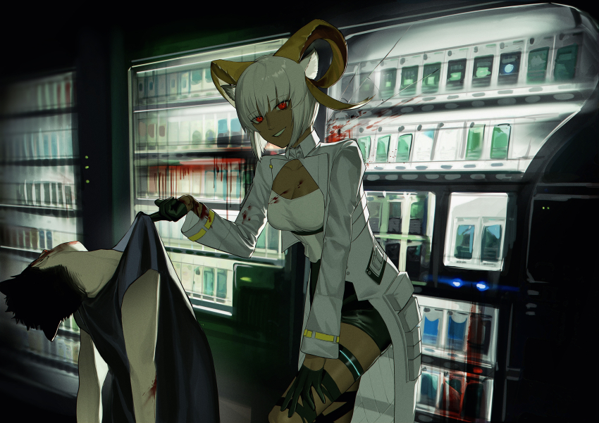 1boy, 1girl, absurdres, arknights, bare_arms, black_gloves, black_hair, black_shirt