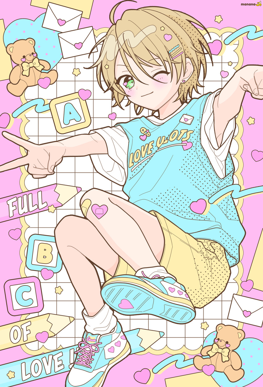 1boy, bandaid, bandaid_on_knee, bandaid_on_leg, blonde_hair, blue_shoes, blue_tank_top, blush