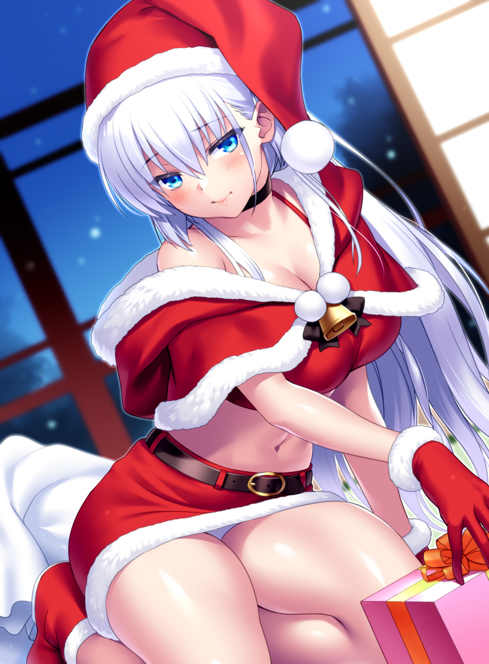 1girl, 3:, bell, belt, black_belt, black_choker, blue_eyes, blurry