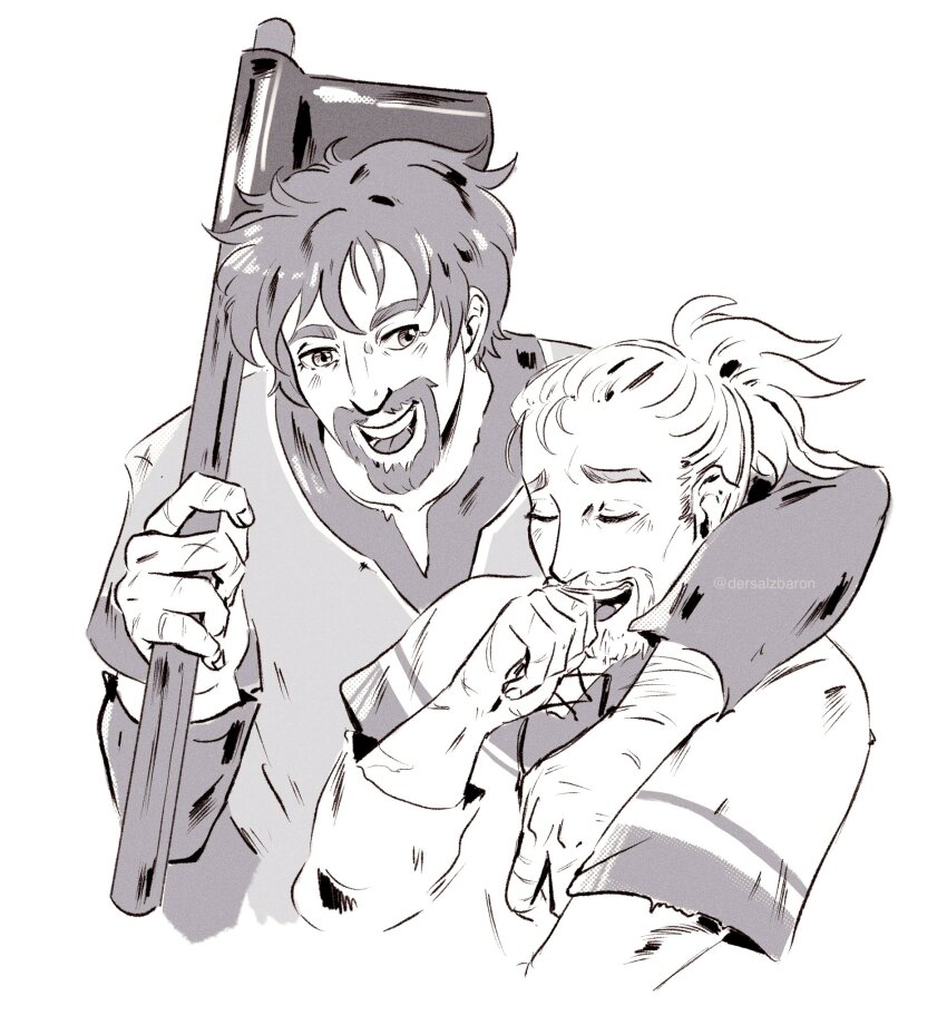 2boys, arm_around_shoulder, beard, closed_eyes, dersalzbaron, einar_(vinland_saga), facial_hair, happy