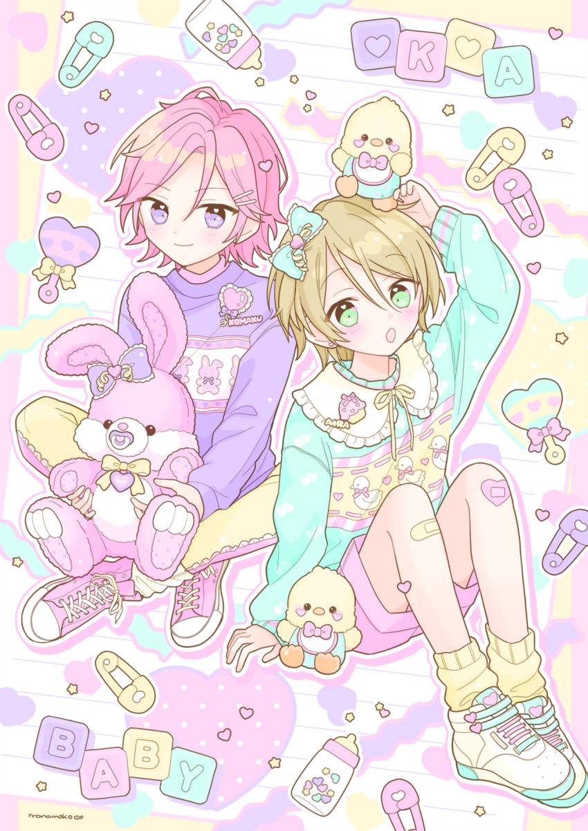 2boys, bandaid, bandaid_on_knee, bandaid_on_leg, blonde_hair, blush, bow, closed_mouth