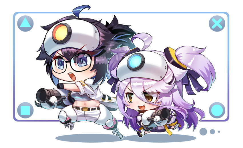 2girls, :3, agustinus, ahoge, aperture_science_handheld_portal_device, atlas_(portal), atlas_(portal)_(cosplay), belt, black_belt, black_gloves, black_jacket, blue_eyes, breasts, chest_sarashi, chibi, cosplay, crocs, glasses, gloves, hair_between_eyes, hair_ornament, hairpin, henya_the_genius, henya_the_genius_(1st_costume), highres, jacket, kson, large_breasts, long_bangs, long_hair, looking_at_viewer, multicolored_jacket, multiple_girls, navel, open_mouth, p-body, p-body_(cosplay), pants, ponytail, portal, portal_(series), portal_2, purple_jacket, sarashi, shoes, sidelocks, small_breasts, souchou, teeth, two-tone_jacket, two_side_up, upper_teeth_only, virtual_youtuber, vshojo, white_jacket, white_pants, yellow_eyes, yellow_shoes