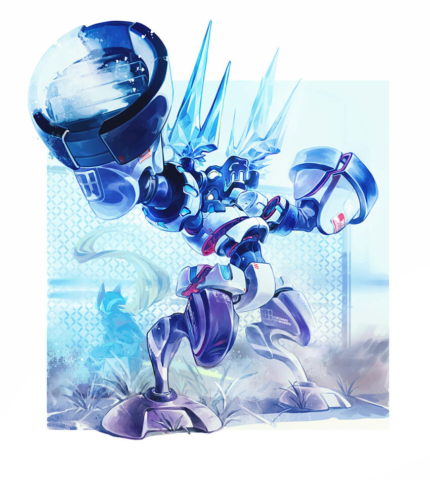 2boys, amehatobook, armor, battle_damage, blizzack_staggroff, blonde_hair, body_armor, boots, codpiece, energy_sword, fighting, gauntlets, green_eyes, helmet, ice, long_hair, mega_man_(series), mega_man_zero_(series), multiple_boys, non-humanoid_robot, ponytail, robot, robot_animal, sword, weapon, white_background, zero(z)_(mega_man), zero_(mega_man)