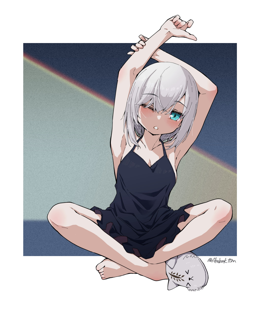 1girl, aqua_eyes, armpits, ars_almal, barefoot, black_camisole, camisole, full_body, grey_hair, highres, indian_style, nijisanji, one_eye_closed, open_mouth, parted_lips, short_hair, single_slipper, sitting, slippers, solo, stretching, tatami_kami, twitter_username, virtual_youtuber