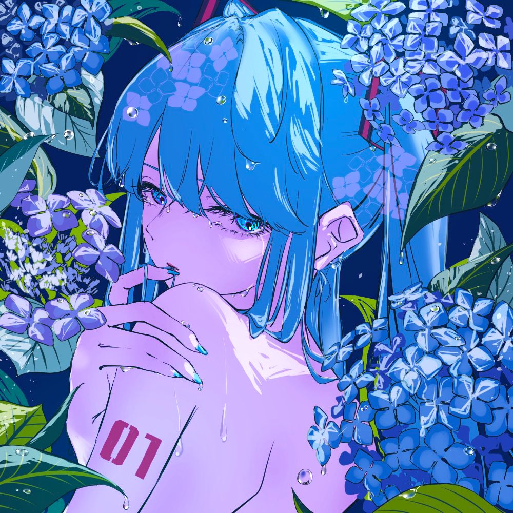 1girl, aqua_eyes, aqua_hair, aqua_nails, aqua_theme, bare_back, blue_theme, blunt_bangs, crying, crying_with_eyes_open, eyelashes, floral_print, flower, from_behind, half-closed_eyes, hand_on_own_shoulder, hatsune_miku, hydrangea, long_hair, looking_at_viewer, looking_back, meso_potamia, nude, number_tattoo, pale_skin, shoulder_blades, shoulder_tattoo, solo, streaming_tears, tattoo, tears, topless_female, turning_head, twintails, upper_body, vocaloid, water_drop, wet, wet_hair