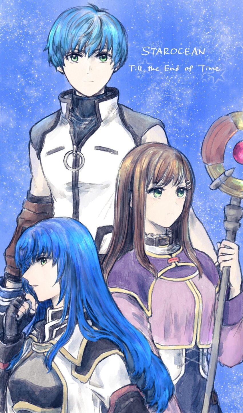 1boy, 2girls, blue_hair, brown_hair, closed_mouth, collar, fayt_leingod, fingerless_gloves