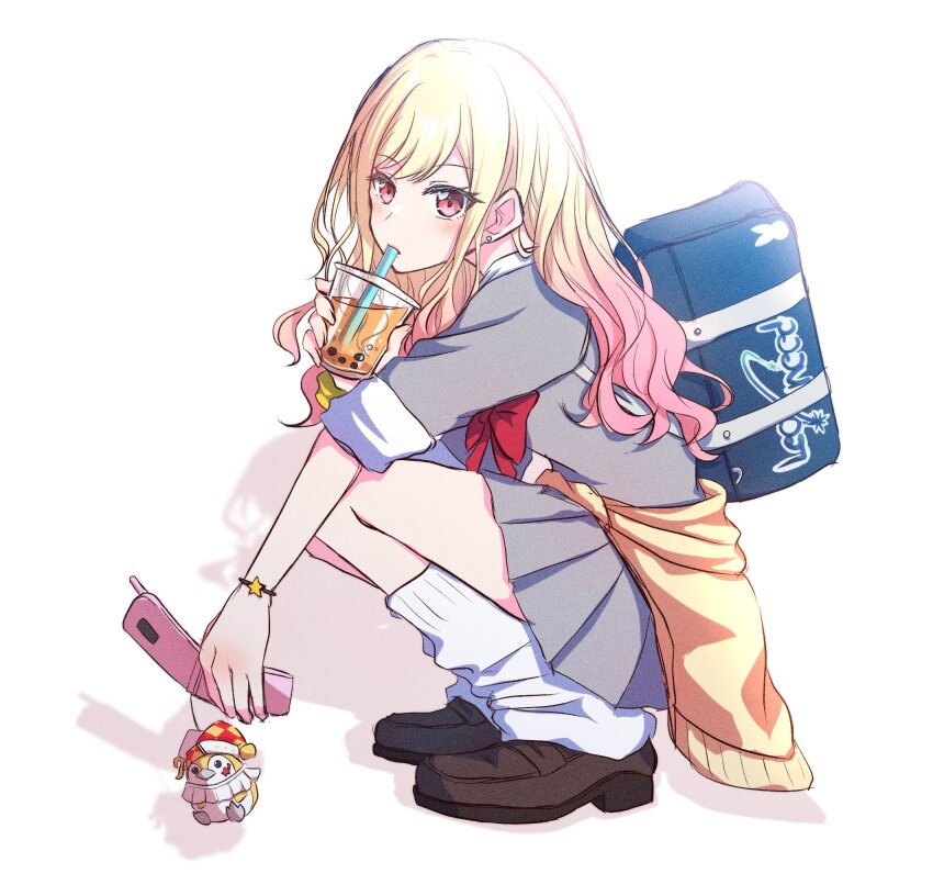 1girl, bag, bird, black_shoes, blue_bag, bow, bowtie, bracelet