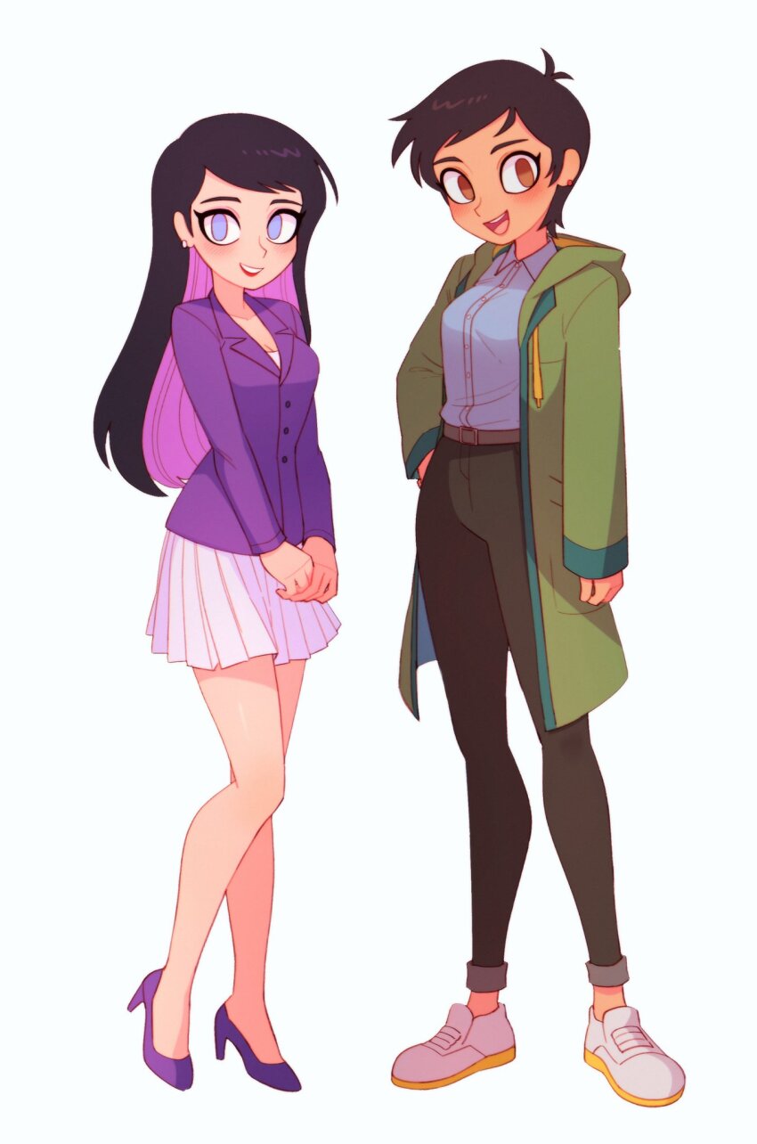 2girls, belt, belt_buckle, black_pants, blue_shirt, breasts, brown_belt, brown_eyes