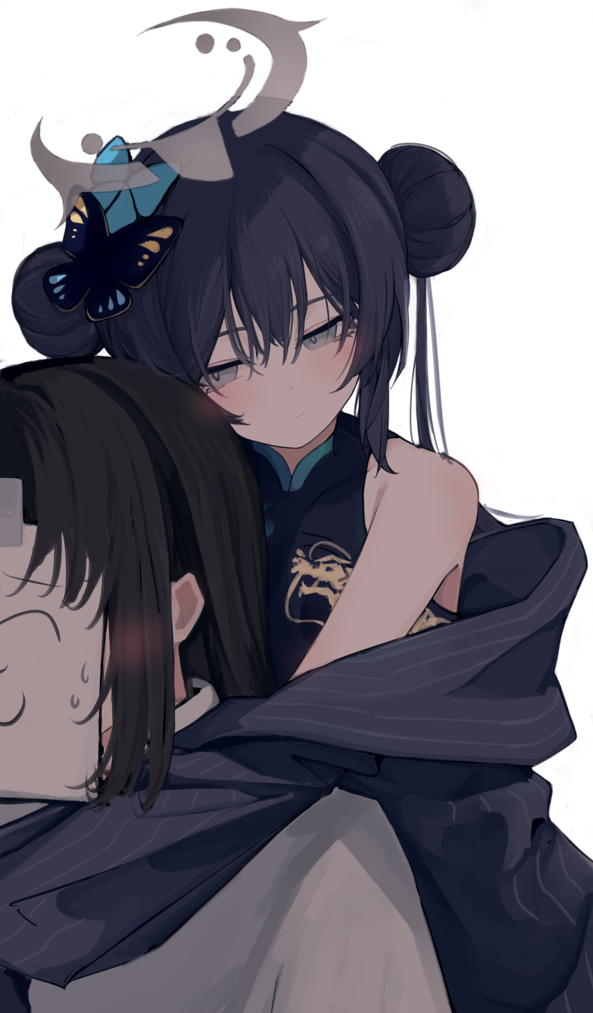 2girls, 8rk9, absurdres, doodle_sensei_(blue_archive), bare_shoulders, black_hair, black_jacket, blue_archive, blue_hair, blush, china_dress, chinese_clothes, closed_mouth, collared_shirt, commentary, dot_nose, double-parted_bangs, double_bun, dragon_print, dress, expressionless, facing_away, female_sensei_(blue_archive), grey_eyes, grey_shirt, hair_between_eyes, hair_bun, halo, highres, hug, jacket, kisaki_(blue_archive), long_hair, looking_at_another, multiple_girls, off_shoulder, pinstripe_jacket, pinstripe_pattern, print_dress, sensei_(blue_archive), shirt, sidelocks, simple_background, sleeveless, sleeveless_dress, straight_hair, striped, upper_body, white_background, yuri