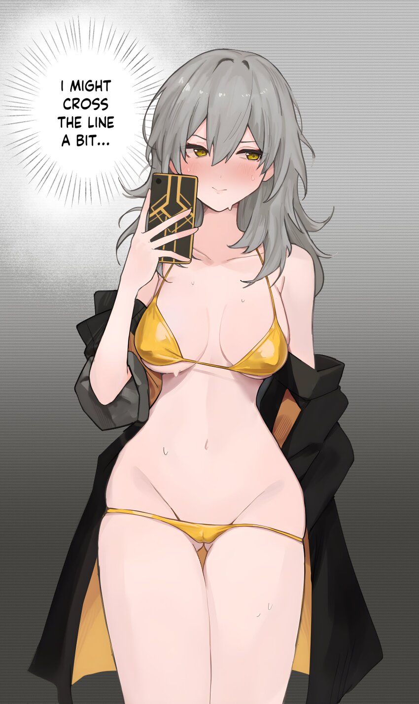 1girl, absurdres, bare_shoulders, bikini, blush, breasts, cameltoe, cellphone, closed_mouth, collarbone, grey_hair, groin, hair_between_eyes, highres, holding, holding_phone, honkai:_star_rail, honkai_(series), jacket, kevinlim39, looking_at_viewer, medium_breasts, medium_hair, navel, phone, smartphone, stelle_(honkai:_star_rail), stomach, sweat, sweatdrop, swimsuit, thighs, trailblazer_(honkai:_star_rail), yellow_eyes