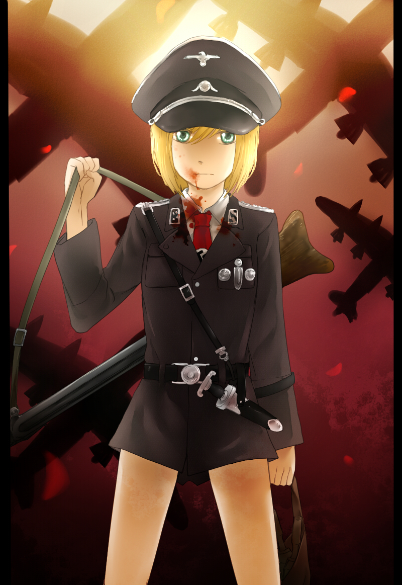 1girl, aircraft, airplane, bai_lao_shu, blonde_hair, blood, blood_on_face, blood_stain