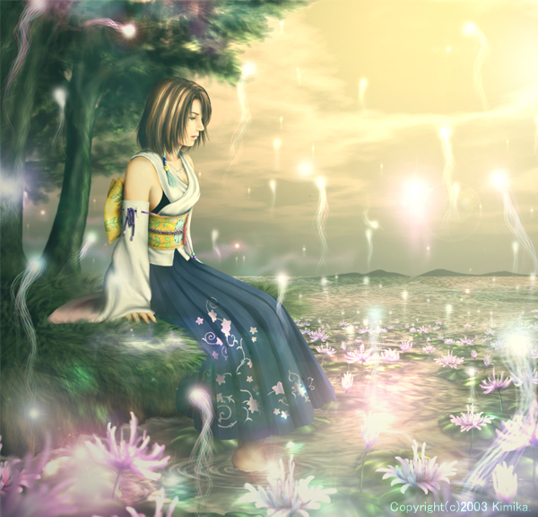 00s, 1girl, bad_id, bad_pixiv_id, bare_shoulders, barefoot, blue_hakama, bow, brown_hair, detached_sleeves, dress, feet, female_focus, final_fantasy, final_fantasy_x, hakama, hakama_skirt, japanese_clothes, kimika, kimikahamu, lake, nature, pyreflies, pyrefly, scenery, short_hair, skirt, sky, solo, tree, water, yuna, yuna_(ff10)