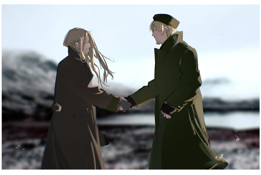 2boys, alternate_costume, beard, beret, blonde_hair, canute, canutie, coat