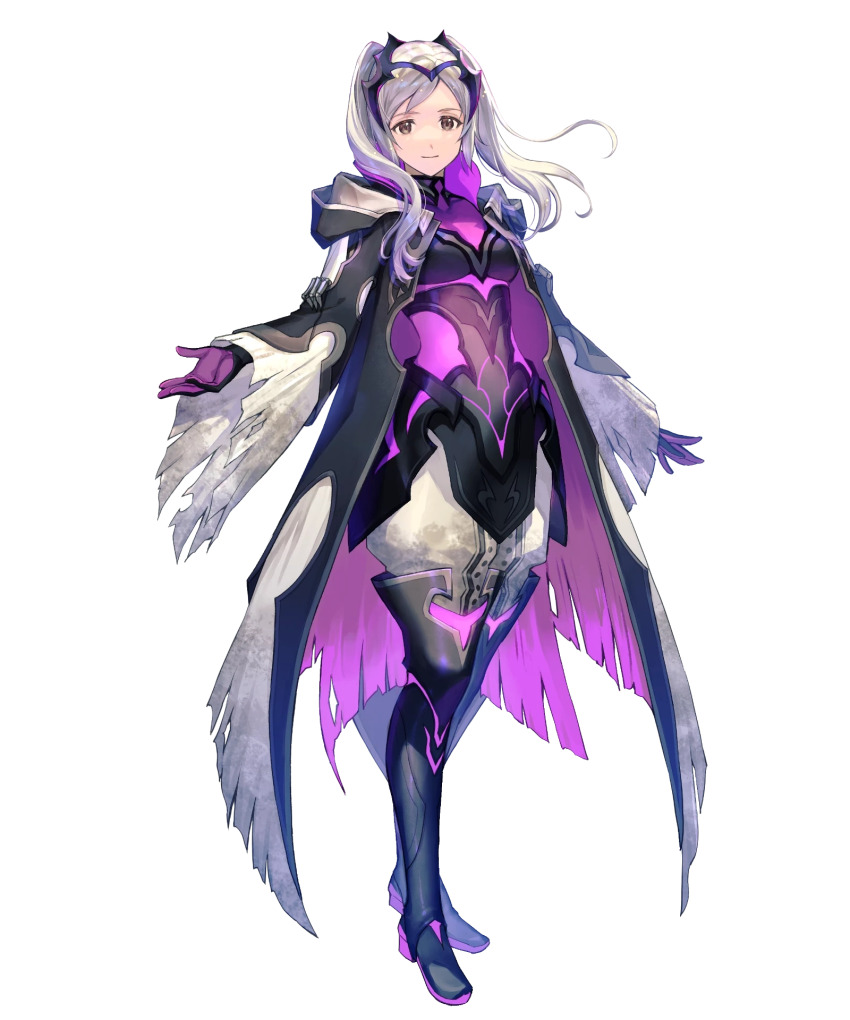 1girl, alternate_costume, boots, brown_eyes, closed_mouth, coat, female_robin_(fire_emblem), female_robin_(resplendent)_(fire_emblem), fire_emblem, fire_emblem_awakening, fire_emblem_heroes, fujikawa_akira, full_body, hair_ornament, highres, hood, hood_down, jewelry, long_hair, long_sleeves, looking_at_viewer, neon_trim, nintendo, non-web_source, official_art, open_clothes, open_coat, pants, smile, standing, thigh_boots, tiara, torn_clothes, torn_sleeves, transparent_background, turtleneck, twintails, white_hair, wide_sleeves