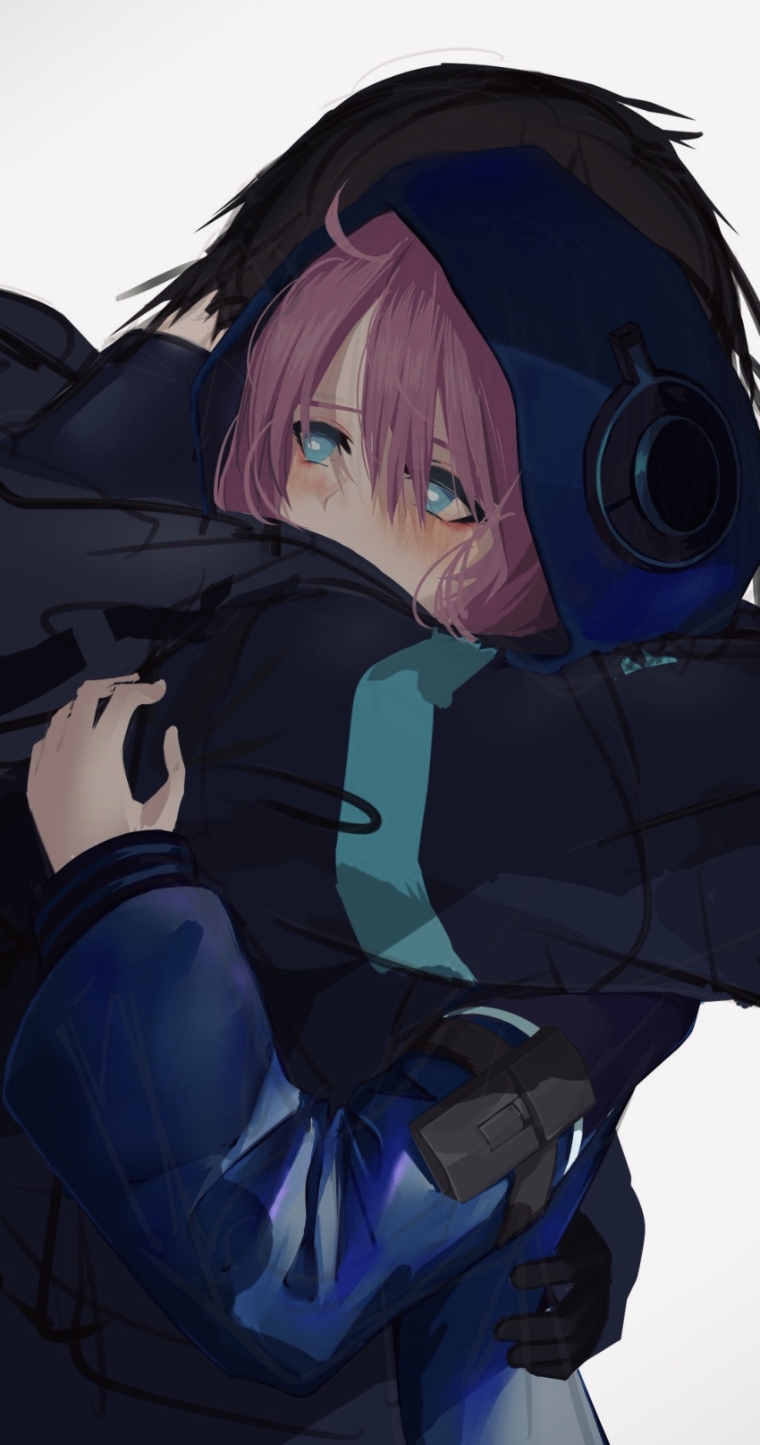 8rk9, arknights, black_gloves, black_jacket, blue_eyes, blue_jacket, blue_poison_(arknights), blush