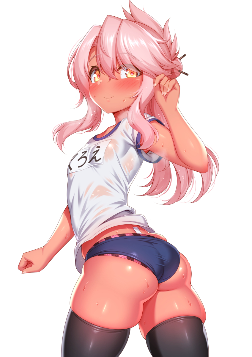 1girl, ass, black_thighhighs, blue_buruma, blush, breasts, bursting_ass, buruma, chloe_von_einzbern, cowboy_shot, dark-skinned_female, dark_skin, fate/kaleid_liner_prisma_illya, fate_(series), gym_uniform, hair_between_eyes, hair_bun, hair_ornament, hairpin, half_updo, highres, long_hair, looking_at_viewer, looking_back, name_tag, orange_eyes, panties, panty_peek, panty_tag, photoshop_(medium), pink_hair, pink_panties, see-through_clothes, see-through_shirt, shirt, short_sleeves, sidelocks, simple_background, small_breasts, smile, solo, striped_clothes, striped_panties, sweat, tag, thighhighs, thighs, twisted_torso, underwear, very_sweaty, wedgie, wet, wet_clothes, wet_shirt, white_background, white_shirt, zirba