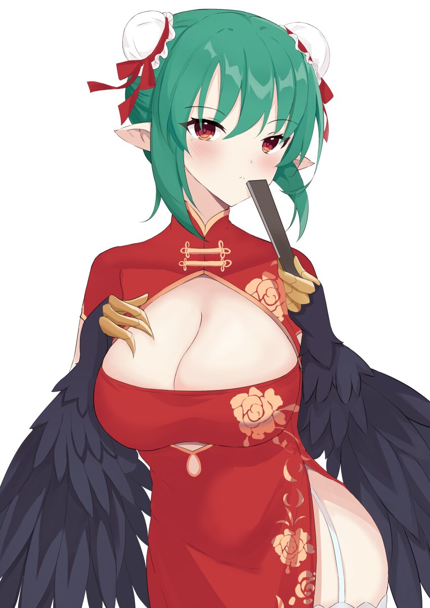 1girl, absurdres, black_feathers, black_wings, blush, breasts, china_dress, chinese_clothes