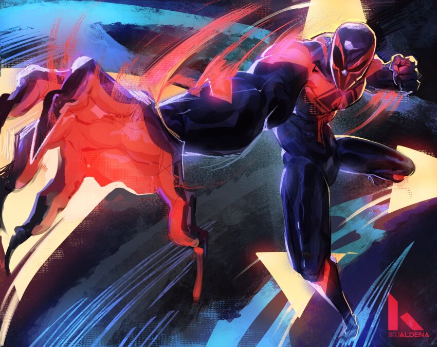 1boy, animal_print, arm_blade, blue_bodysuit, bodysuit, broad_shoulders, glowing_bodysuit, highres