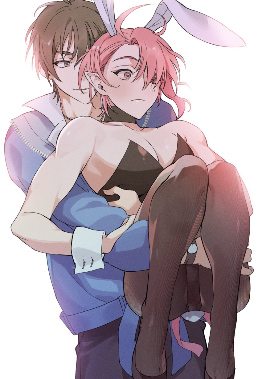 2boys, alternate_costume, androgynous, animal_ears, armpits, aster_(nu_carnival), bishounen, black_leotard, black_pantyhose, blush, brown_eyes, brown_hair, cream_s2_cream, crossdressing, crossdressing_(mtf), eiden_(nu_carnival), fake_animal_ears, fake_tail, girly_boy, grin, hair_over_one_eye, highres, leotard, long_sleeves, looking_at_another, looking_at_viewer, male_focus, male_playboy_bunny, multiple_boys, nu_carnival, pantyhose, pectoral_cleavage, pectorals, pink_eyes, pink_hair, pointy_ears, rabbit_ears, rabbit_tail, short_hair, smile, strapless, strapless_leotard, tail, trap, vampire, wrist_cuffs, yaoi