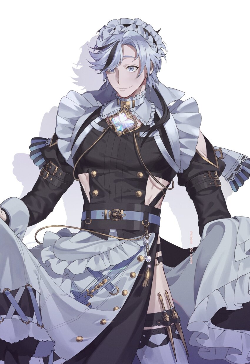 1boy, apron, black_dress, black_hair, blade_(lovable_enforcer)_(nu_carnival), blade_(nu_carnival), cream_s2_cream, crossdressing