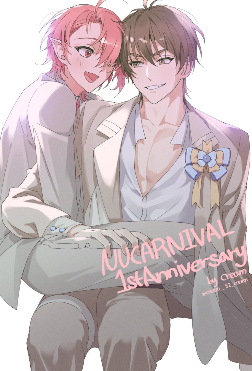 2boys, alternate_costume, androgynous, anniversary, aster_(nu_carnival), bishounen, blush, brown_eyes, brown_hair, cream_s2_cream, eiden_(1st_anniversary)_(nu_carnival), eiden_(nu_carnival), formal_clothes, girly_boy, grey_suit, grin, hair_over_one_eye, highres, leg_grab, long_sleeves, looking_at_another, male_focus, multiple_boys, nu_carnival, open_mouth, pectorals, pink_eyes, pink_hair, pointy_ears, short_hair, sitting, sitting_on_lap, sitting_on_person, smile, suit, vampire, yaoi