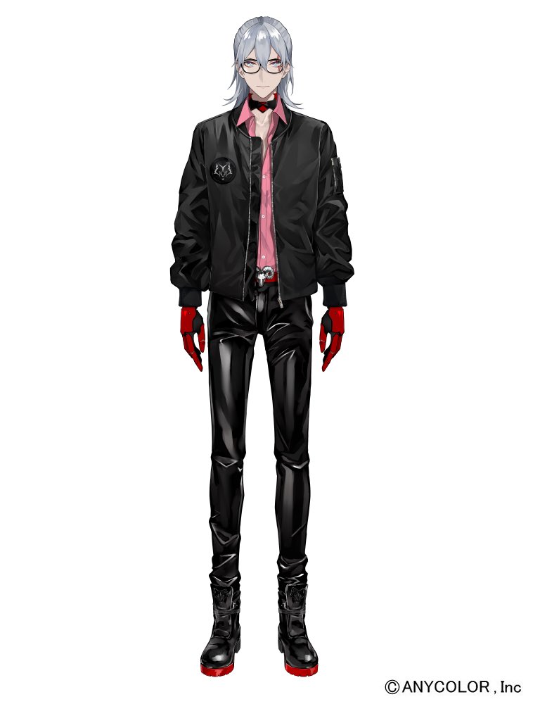 1boy, belt, black_boots, black_choker, black_jacket, black_pants, blue_eyes, boots, choker, closed_mouth, collarbone, copyright_name, fulgur_ovid, fulgur_ovid_(2nd_costume), full_body, glasses, grey_hair, jacket, lam_(ramdayo), looking_at_viewer, male_focus, mechanical_arms, medium_hair, nijisanji, nijisanji_en, official_art, open_clothes, open_jacket, pants, pink_shirt, red_belt, shirt, shirt_tucked_in, simple_background, solo, tachi-e, virtual_youtuber, white_background