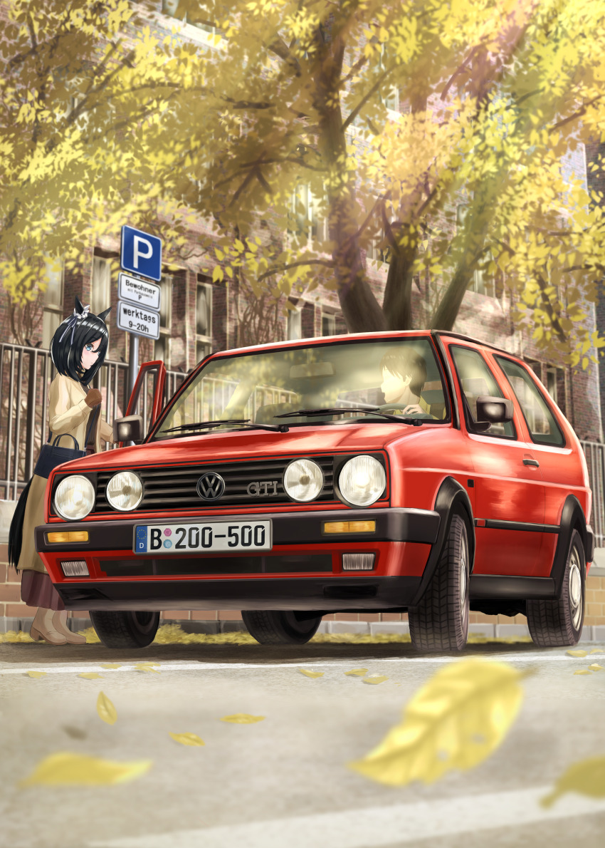 1boy, 1girl, absurdres, black_hair, blue_eyes, blurry, bob_cut, brown_gloves