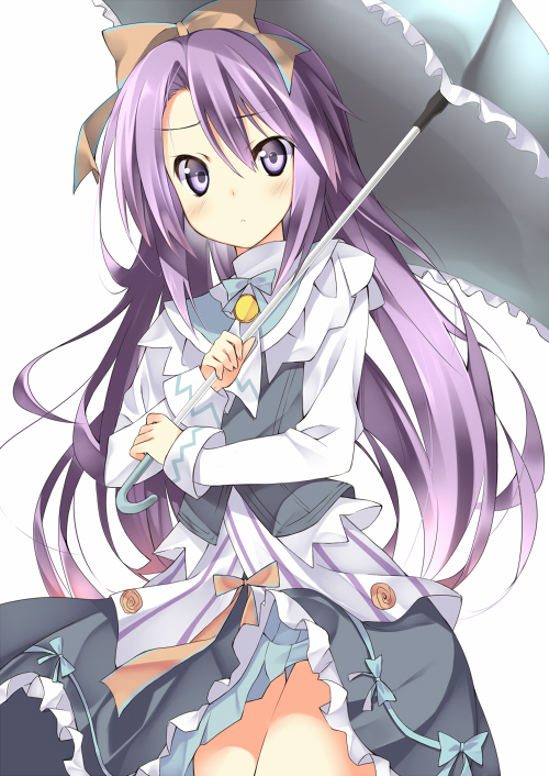1girl, :<, blush, female_focus, hair_ribbon, kuwashima_rein, long_hair, purple_eyes