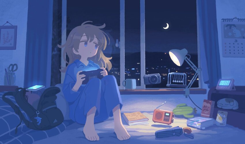 1girl, alarm_clock, backpack, bag, barefoot, blue_eyes, blue_pajamas, camera