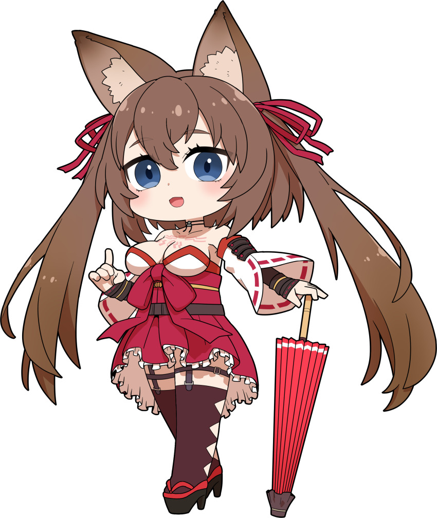 absurdres, animal_ears, bare_shoulders, blue_eyes, breasts, brown_hair, caleen_keemosn, chibi