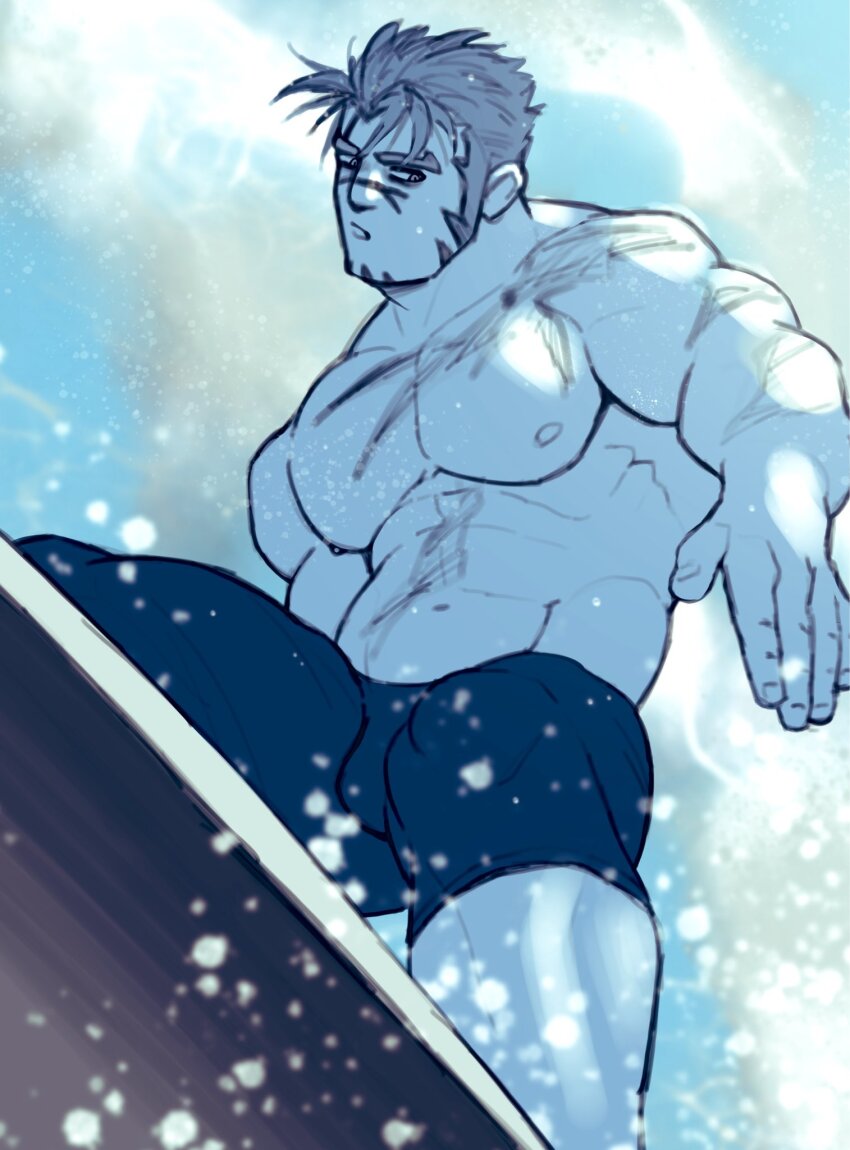 1boy, abs, akashi_(alter)_(live_a_hero), bara, black_jammers, black_male_swimwear, blue_theme, bulge