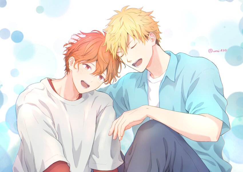 2boys, black_pants, blue_shirt, closed_eyes, collared_shirt, given, hand_on_another's_head, highres