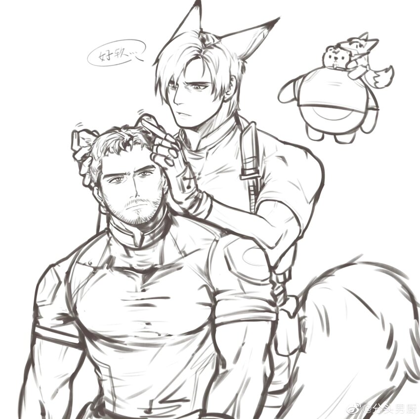 2boys, animal_ears, bao_(bobobao21), bara, bear_ears, beard_stubble, chris_redfield, ear_fondling, extra_ears, facial_hair, flapping_ears, fox_boy, fox_ears, fox_tail, greyscale, highres, kemonomimi_mode, large_pectorals, leon_s._kennedy, male_focus, mature_male, merchandise, monochrome, motion_lines, multiple_boys, muscular, muscular_male, mustache_stubble, parody, pectorals, pip_the_bear, resident_evil, short_hair, sketch, stubble, stuffed_animal, stuffed_toy, tail, teddy_bear, translation_request, yaoi