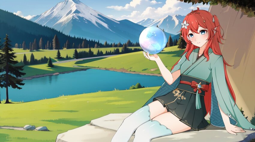 1girl, ai-assisted, akiko_sushi, blue_eyes, centauri-d, cloud, cloudy_sky, commission, forest, highres, lake, long_hair, looking_at_viewer, mountain, nature, nose, orange_hair, orb, rock, skirt, sky, smile, thighhighs, thighs, tree, virtual_youtuber, vreverie