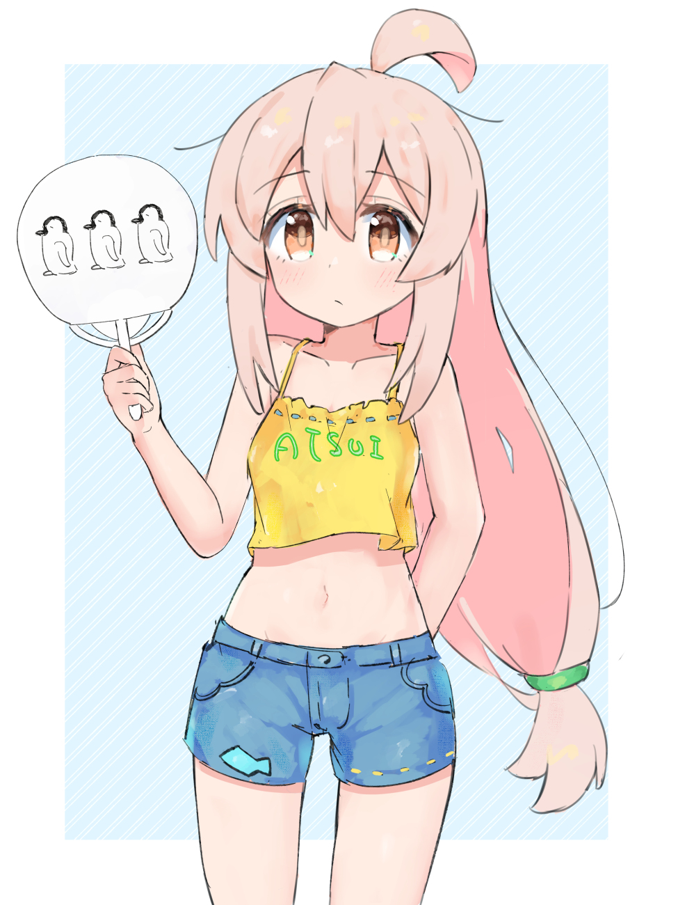 1girl, :/, ahoge, arm_behind_back, bare_arms, bare_shoulders, blue_shorts, brown_eyes