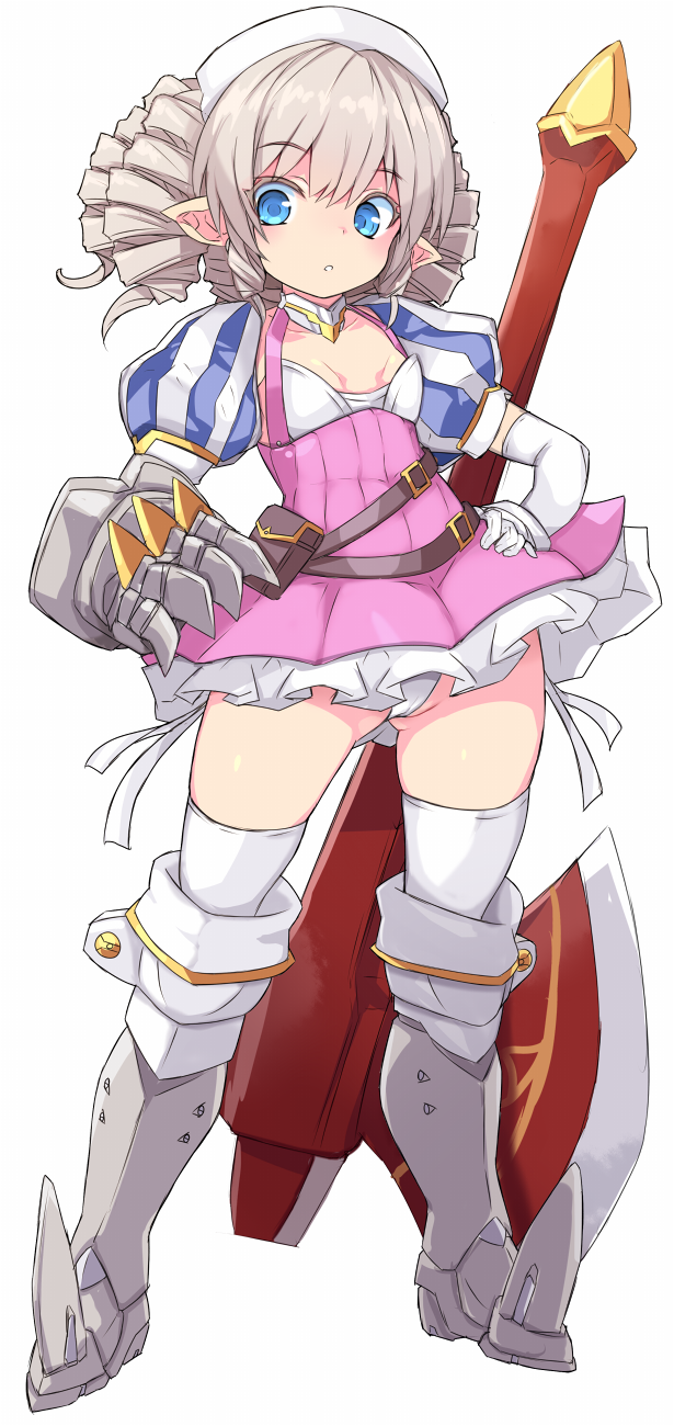1girl, :o, armored_boots, axe, blue_eyes, boots, breasts, brown_hair, commentary_request, dress, drill_hair, dwarf, elbow_gloves, frilled_dress, frills, gauntlets, gloves, groin, hair_between_eyes, hands_on_own_hips, highres, iron_princess_ymir, karukan_(monjya), knee_boots, panties, parted_lips, pink_dress, ponty_ears, puffy_short_sleeves, puffy_sleeves, queen's_blade, short_sleeves, single_gauntlet, small_breasts, solo, thighhighs, thighhighs_under_boots, underwear, white_gloves, white_headwear, white_panties, white_thighhighs, ymir_(queen's_blade)